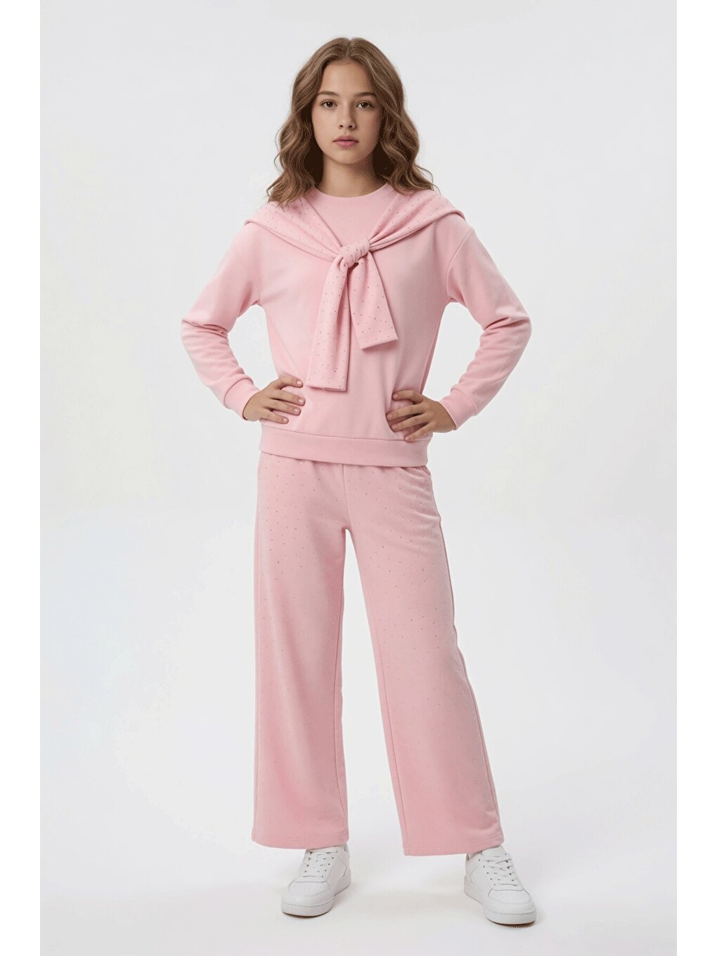 Pembe Taşlı Fular Detaylı Badili Geniş Paça Pantolonlu Kız Çocuk Takım 24704-4