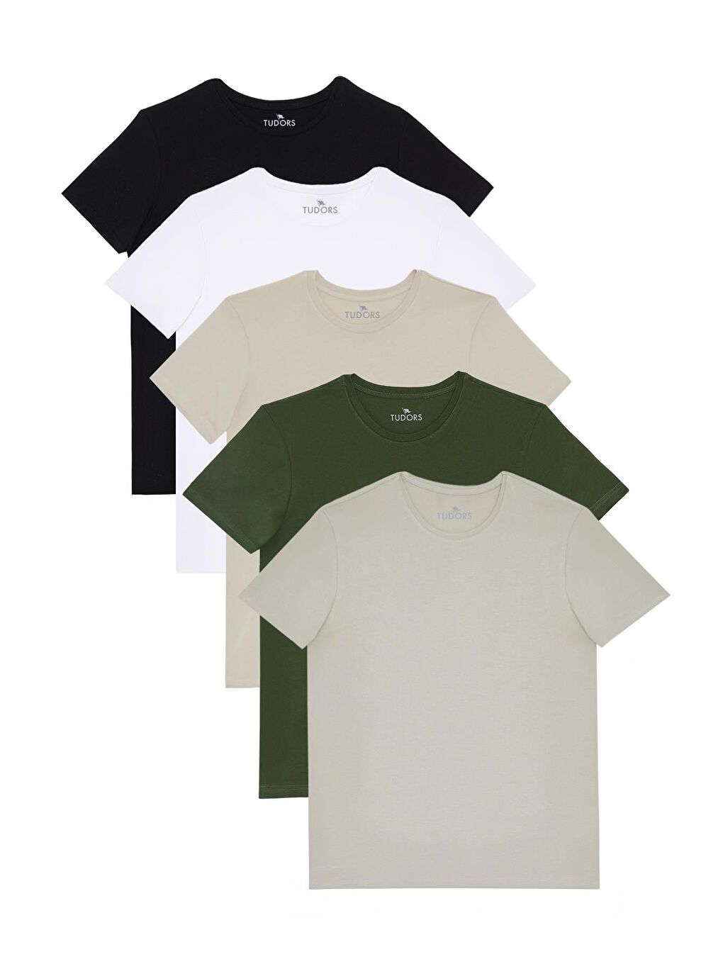 Unisex 5'Li Paket Siyah-Beyaz-Taş-Gri-Haki Slim Fit Dar Kesim %100 Pamuk Bisiklet Yaka Tişört