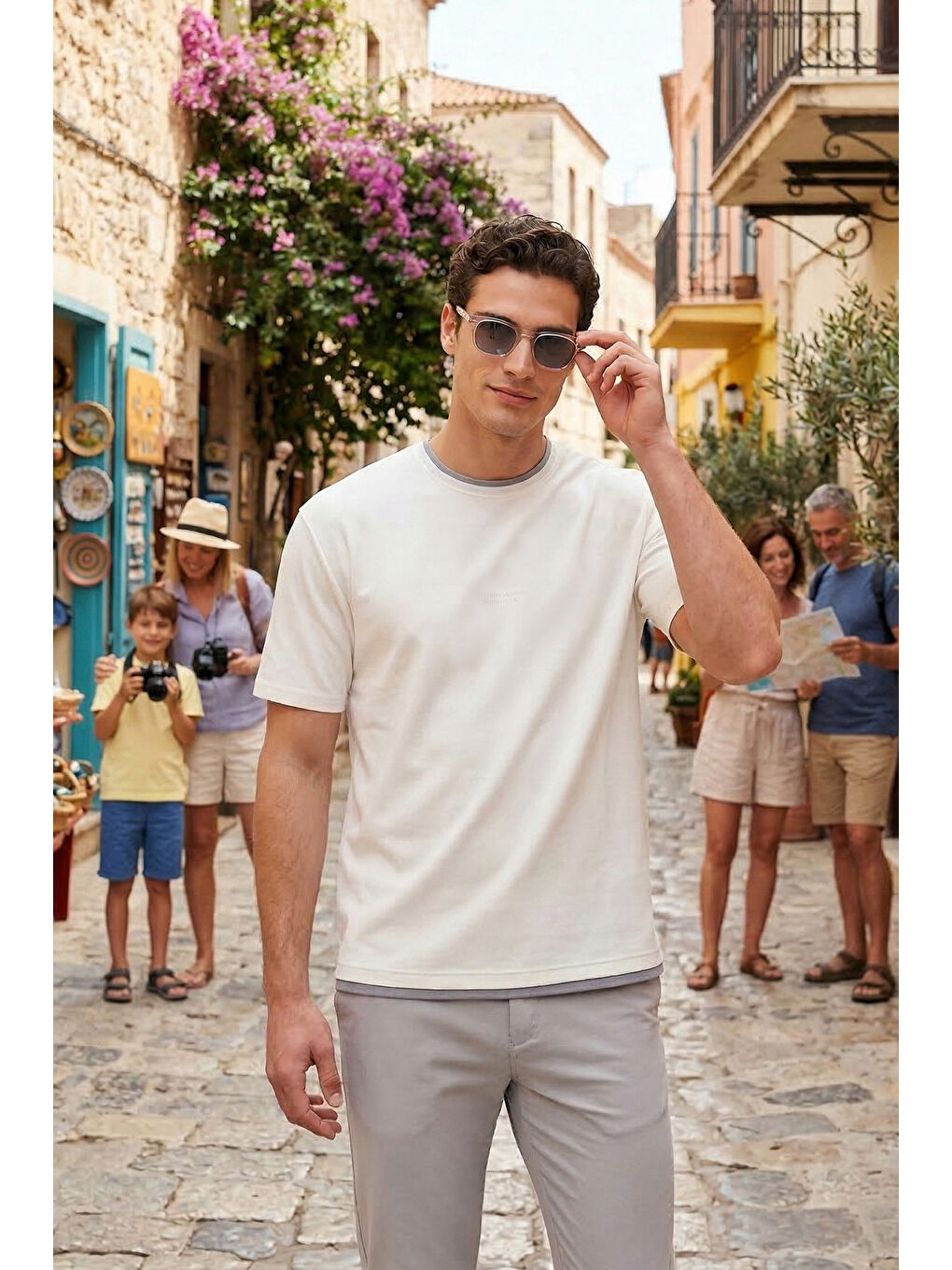 Ekru Regular Fit Bisiklet Yaka Kumaş T Shirt 5904091