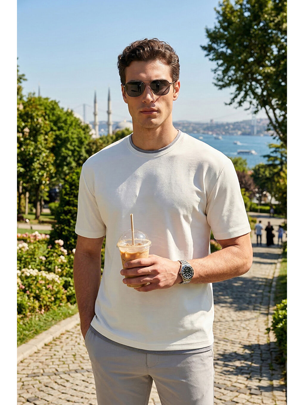 Ekru Regular Fit Bisiklet Yaka Kumaş T Shirt 5904091-1