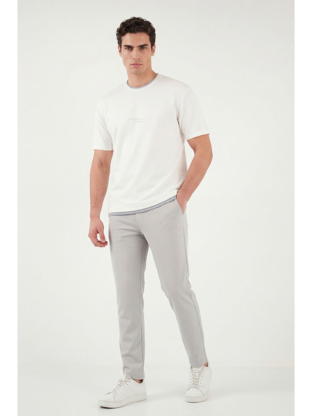 Ekru Regular Fit Bisiklet Yaka Kumaş T Shirt 5904091-2