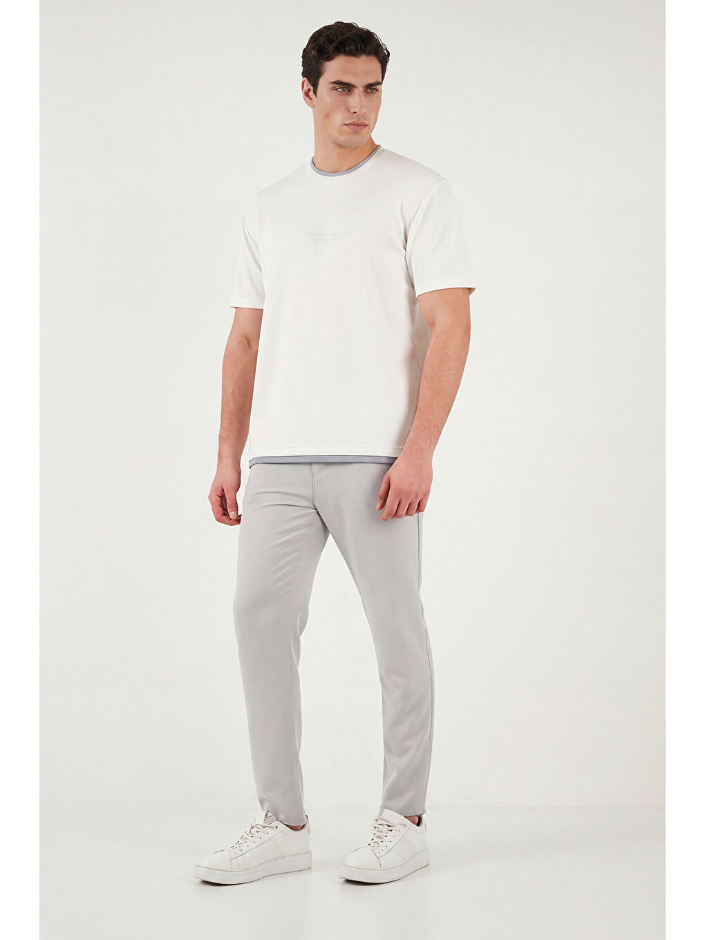 Ekru Regular Fit Bisiklet Yaka Kumaş T Shirt 5904091-4