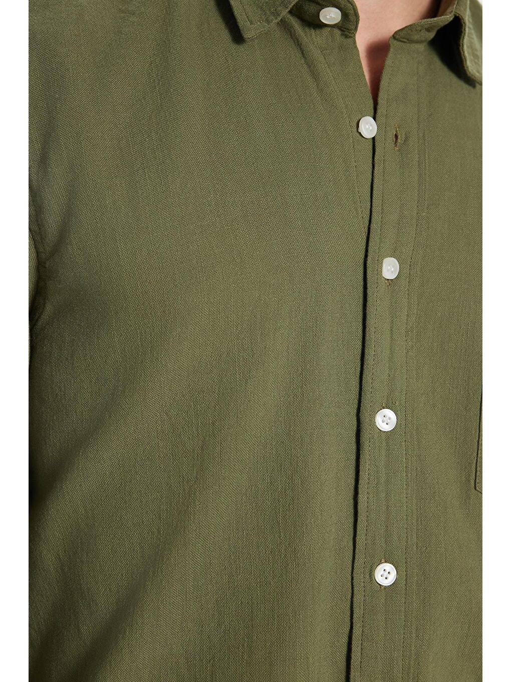 Erkek Regular Fit Klasik Kesim %100 Pamuk Keten Doku Tek Cepli Yeşil Gömlek-2