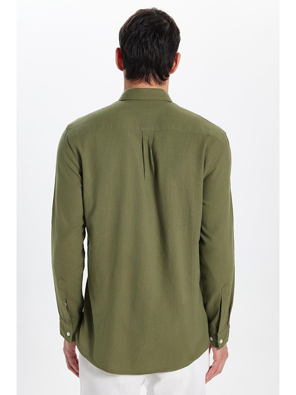 Erkek Regular Fit Klasik Kesim %100 Pamuk Keten Doku Tek Cepli Yeşil Gömlek-4