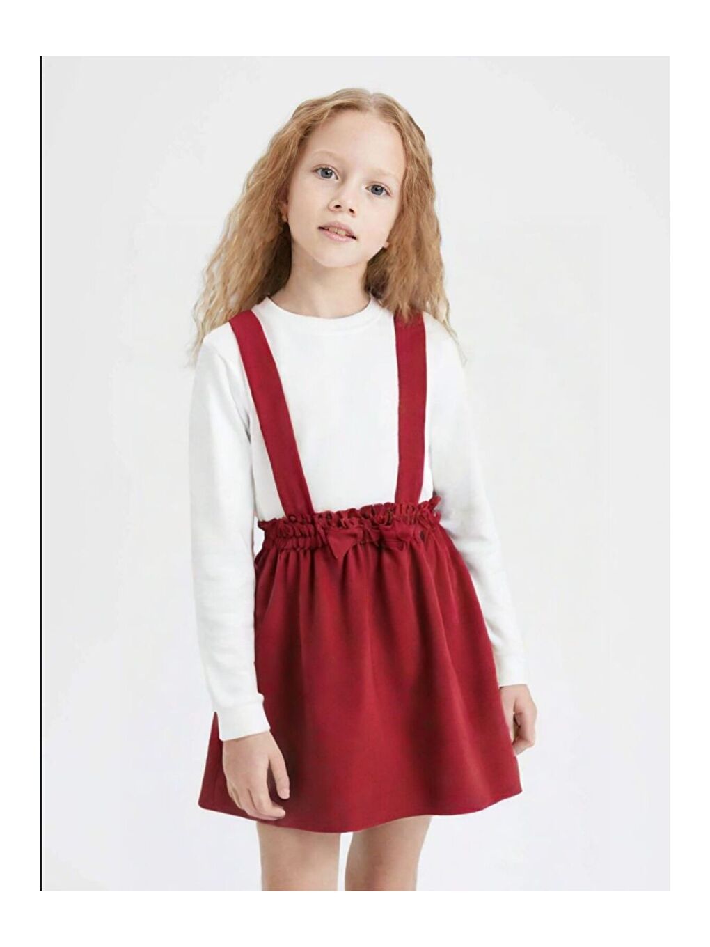 Kırmızı Kız Çocuk Takımı 2 Parça Salopet Elbise Pamuklu Kumaş Uzun Kollu Fiyonklu Etekli Takım 1-5 Yaş-1