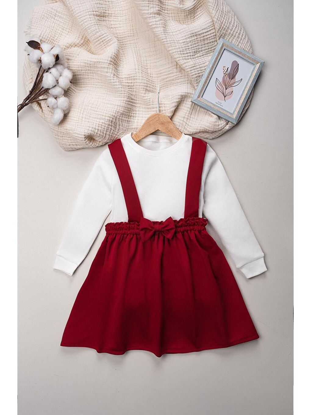 Kırmızı Kız Çocuk Takımı 2 Parça Salopet Elbise Pamuklu Kumaş Uzun Kollu Fiyonklu Etekli Takım 1-5 Yaş-2