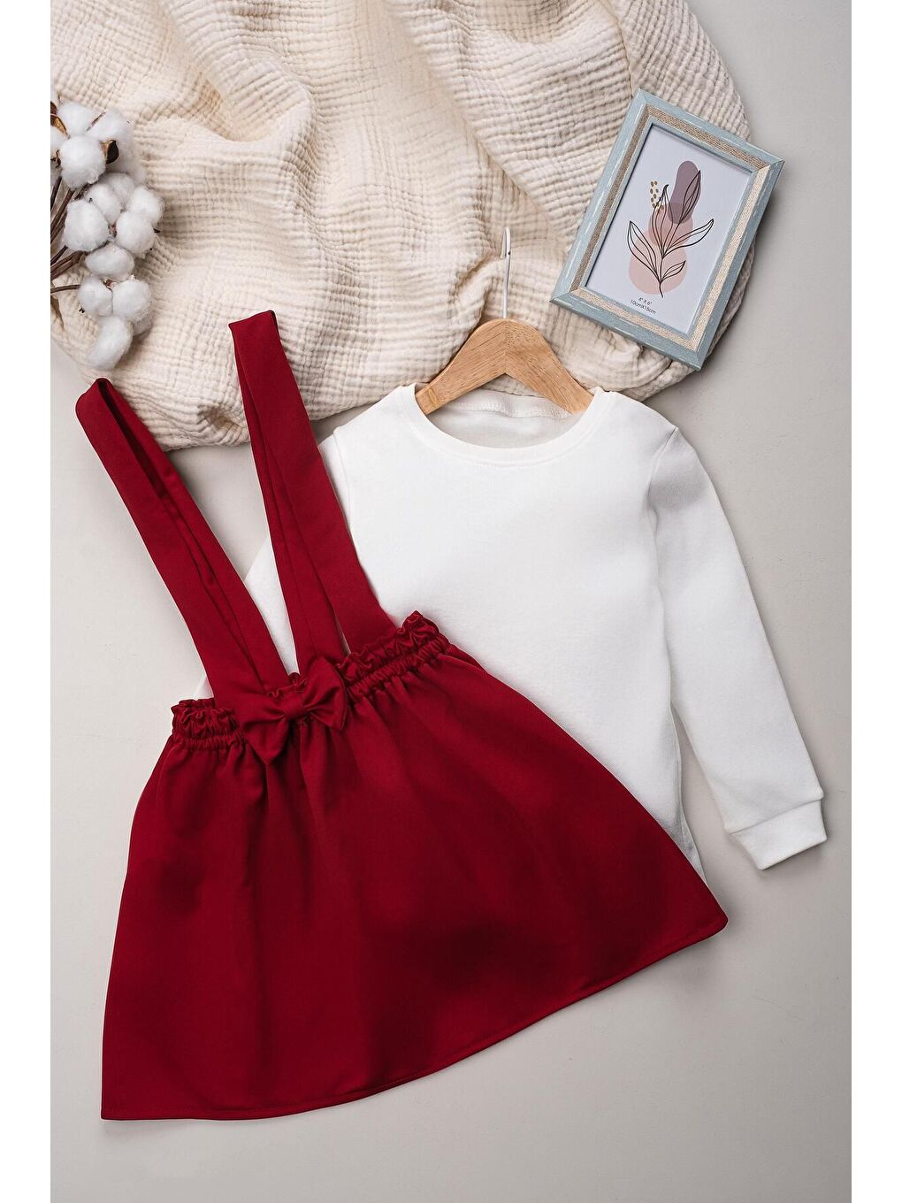 Kırmızı Kız Çocuk Takımı 2 Parça Salopet Elbise Pamuklu Kumaş Uzun Kollu Fiyonklu Etekli Takım 1-5 Yaş-4