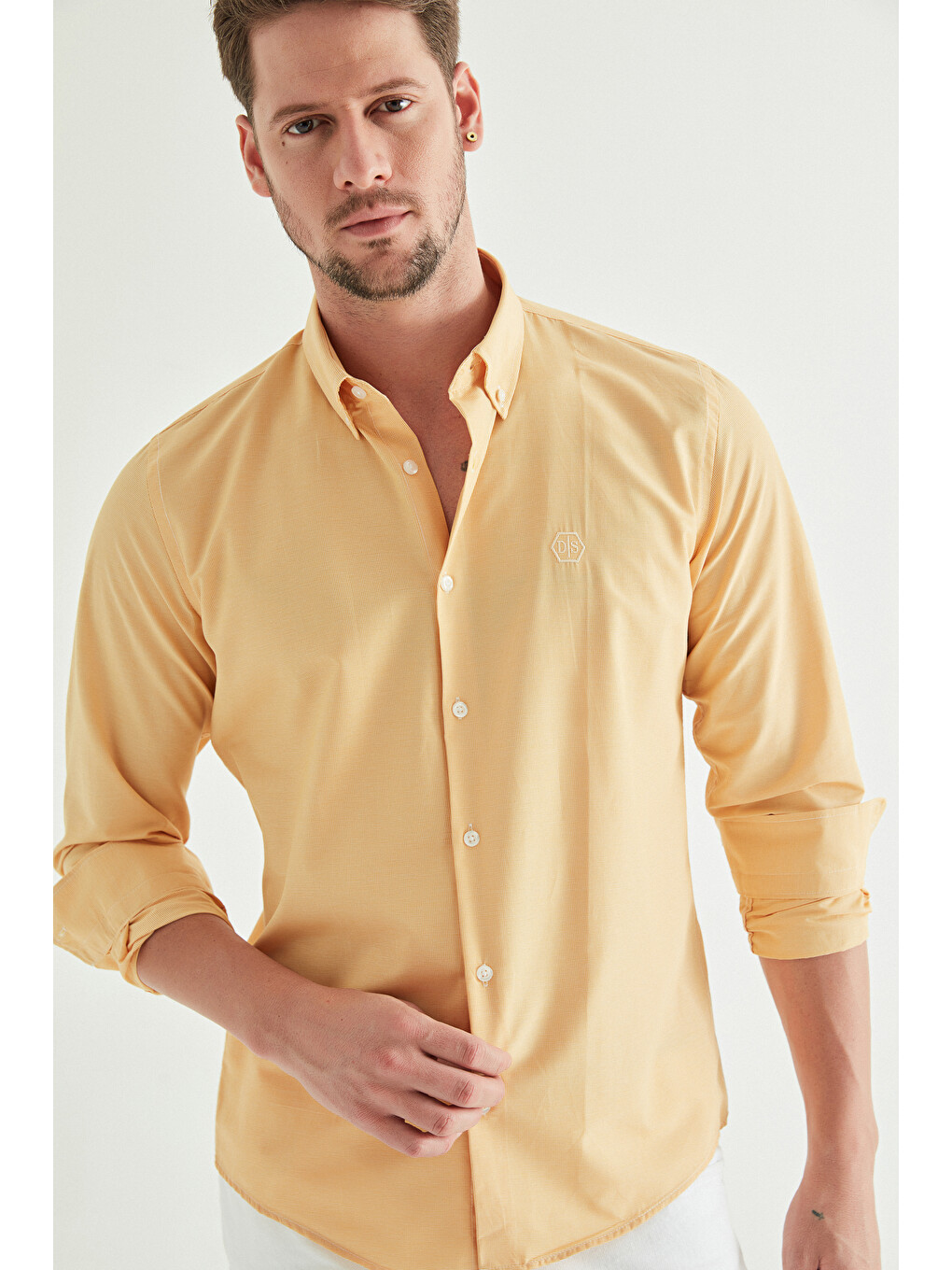 Slim Fit Sarı Pötikare Gömlek-1