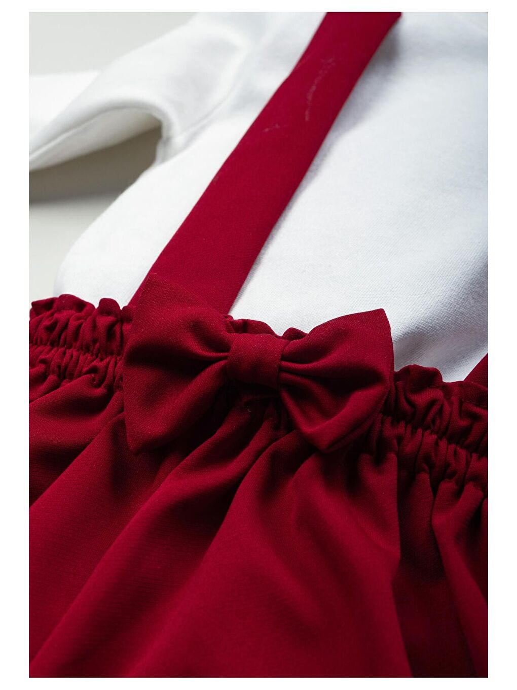 Kırmızı Kız Çocuk Takımı 2 Parça Salopet Elbise Pamuklu Kumaş Uzun Kollu Fiyonklu Etekli Takım 1-5 Yaş-6