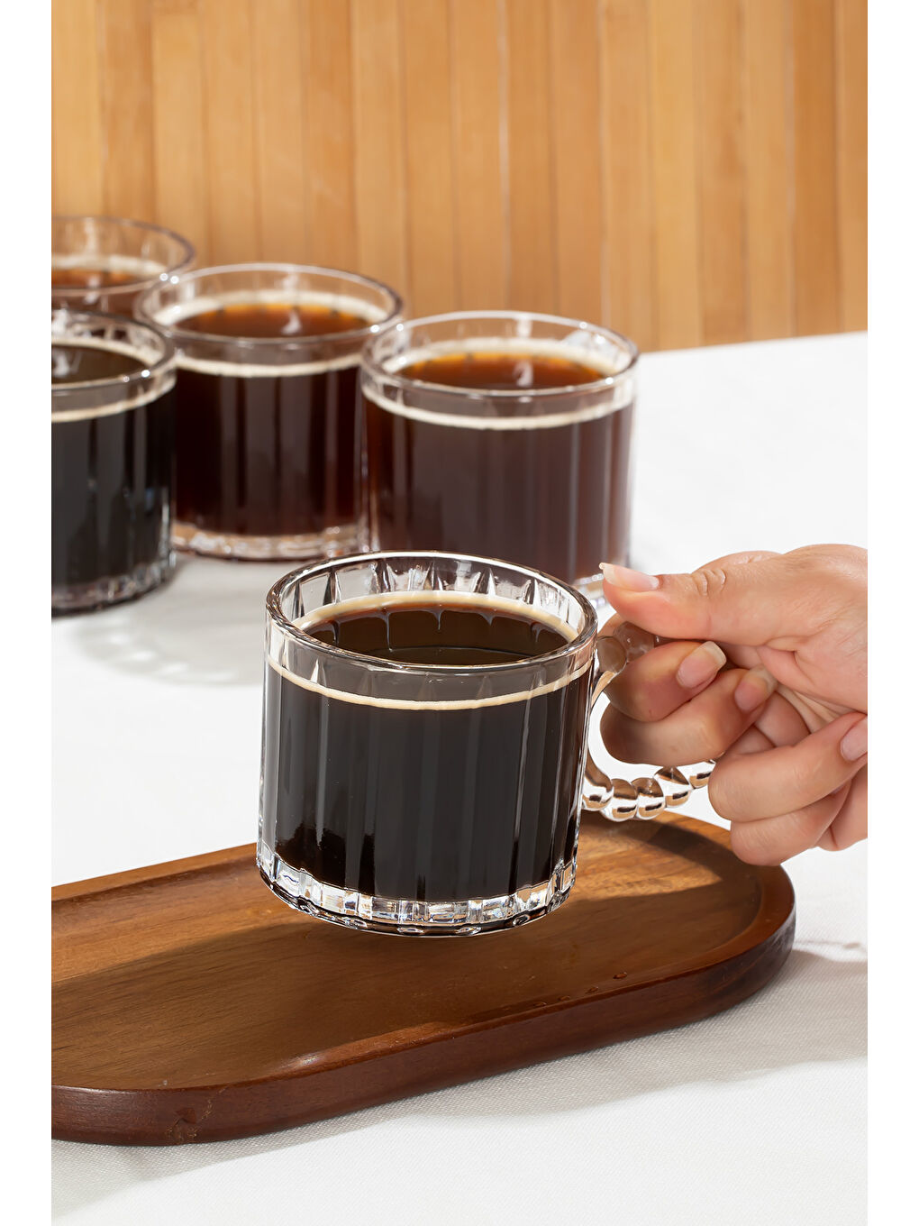 Sarı 11412 Boncuk Kulplu 6lı Cam Kahve Çay Bardağı Seti 250ml-1