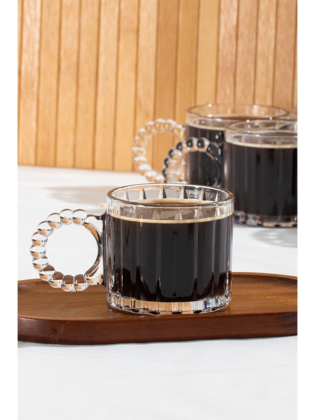 Sarı 11412 Boncuk Kulplu 6lı Cam Kahve Çay Bardağı Seti 250ml-2