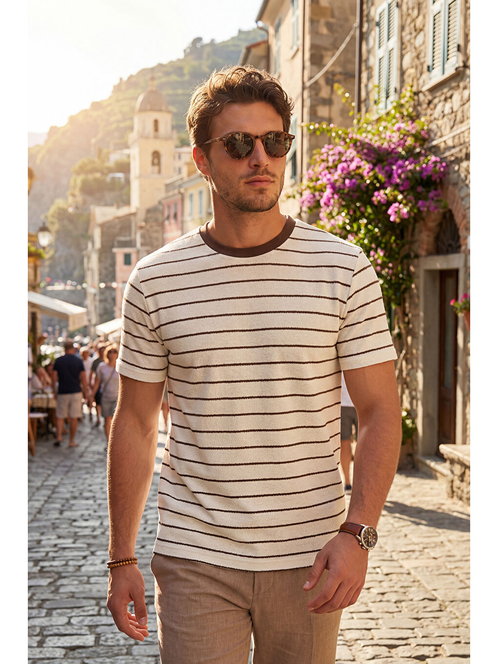 Kahverengi Pamuklu Regular Fit Çizgili Bisiklet Yaka T Shirt 5904039