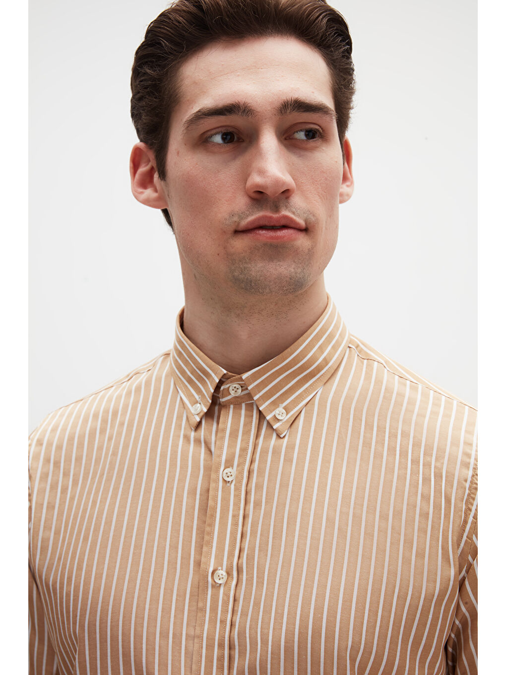 Slim Fit Bej Çizgili Gömlek-1