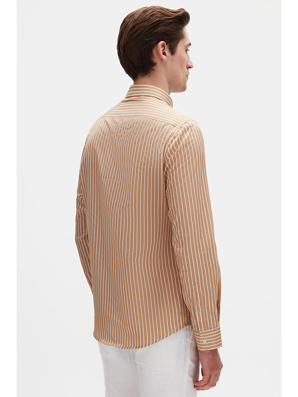 Slim Fit Bej Çizgili Gömlek-2