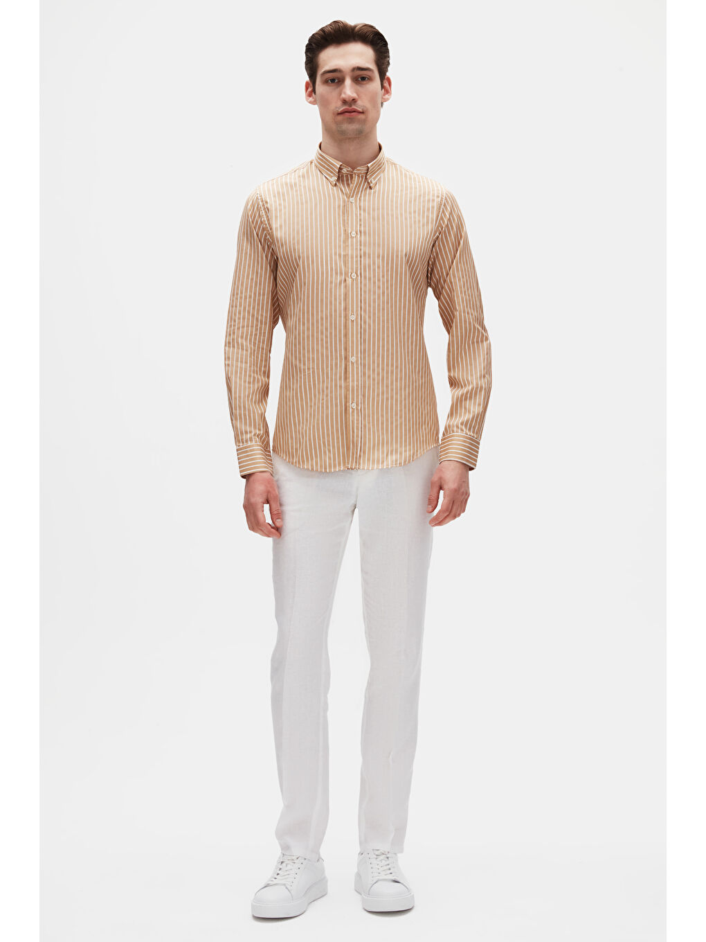 Slim Fit Bej Çizgili Gömlek-3