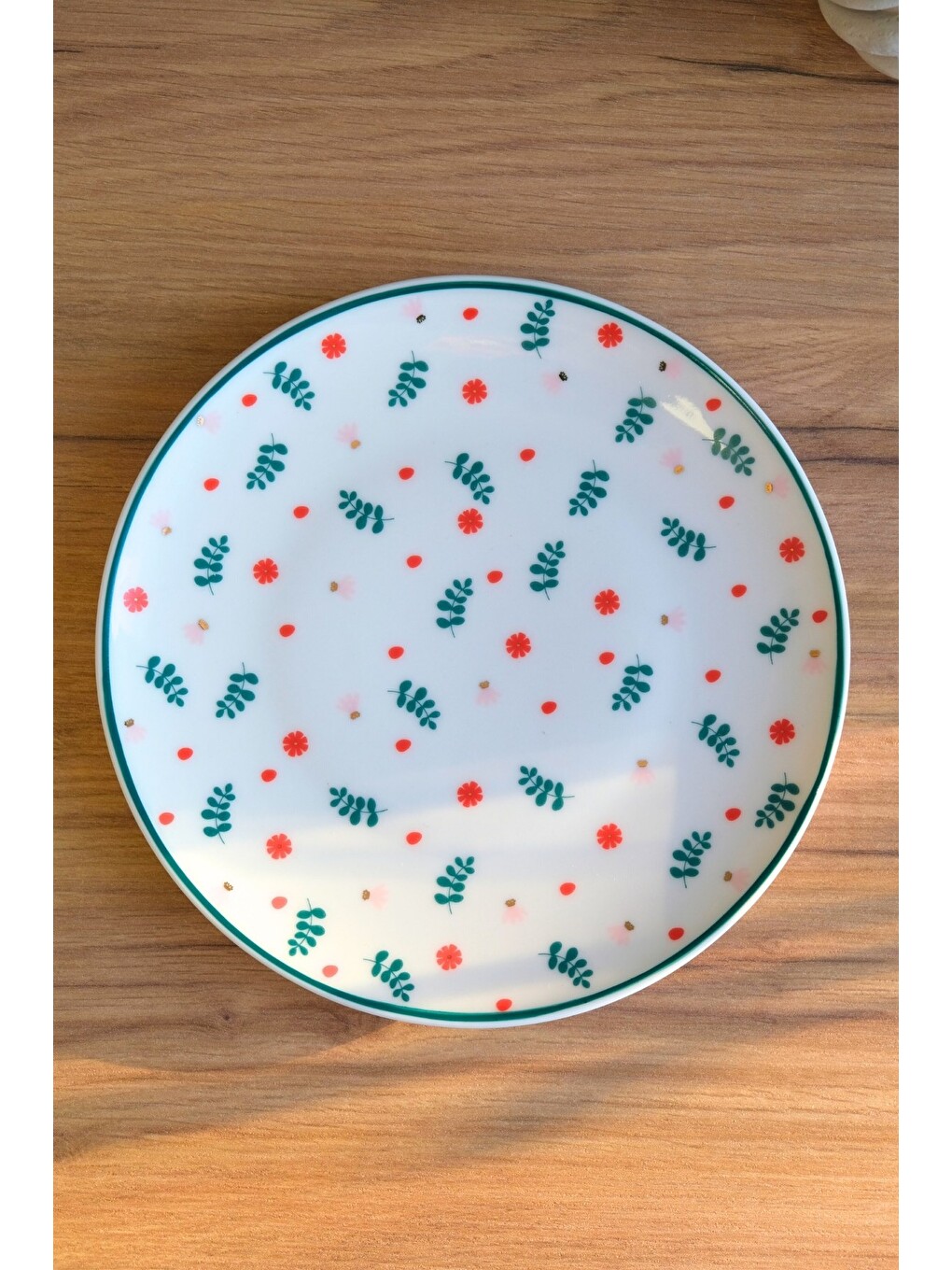 Beyaz Porselen Yeşil Çiçekli Pasta Tabağı Yeşil Fileli 20,50cm-1
