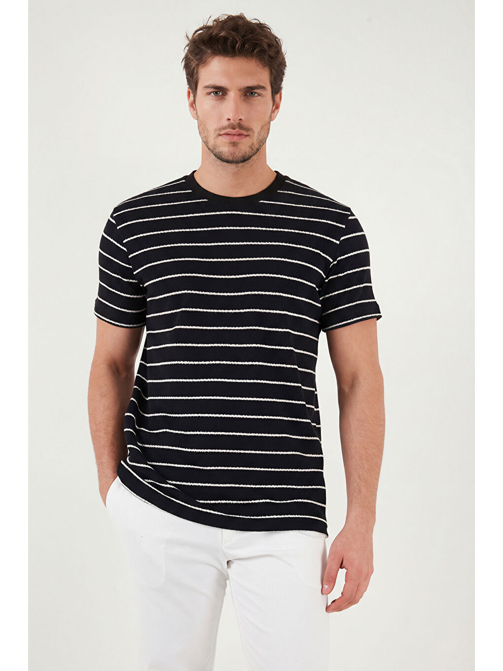 Siyah Pamuklu Regular Fit Çizgili Bisiklet Yaka T Shirt 5904039-3