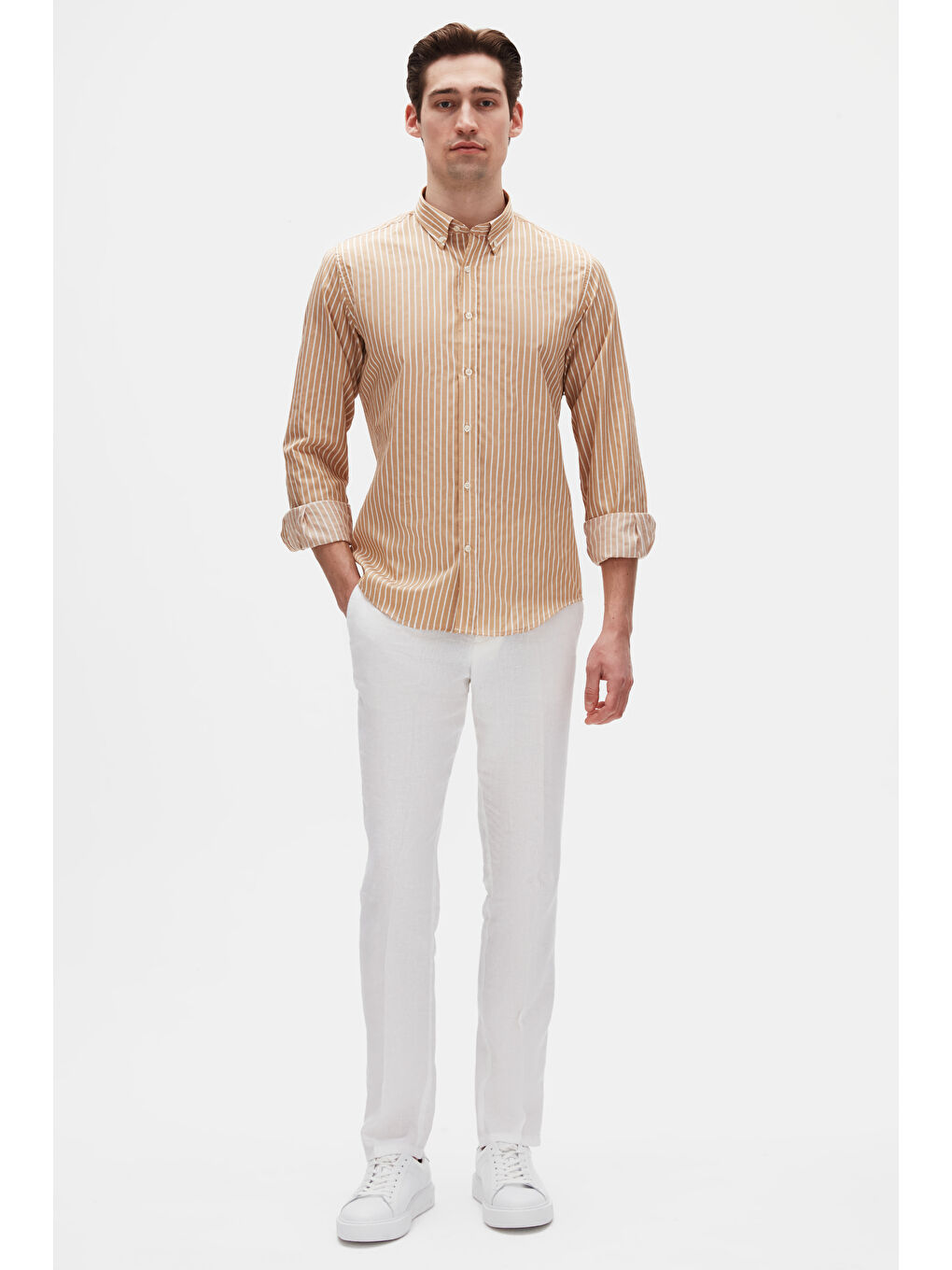 Slim Fit Bej Çizgili Gömlek-6