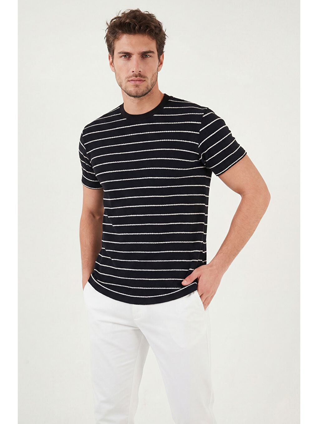 Siyah Pamuklu Regular Fit Çizgili Bisiklet Yaka T Shirt 5904039-4