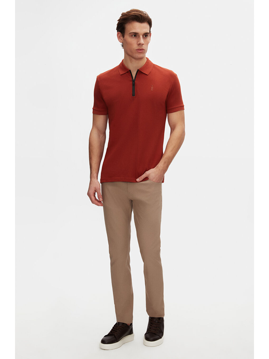 Kahverengi Twn Slim Fit Kiremit Pike Dokulu Yarım Fermuarlı Polo Yaka Yazlık T-Shirt-3
