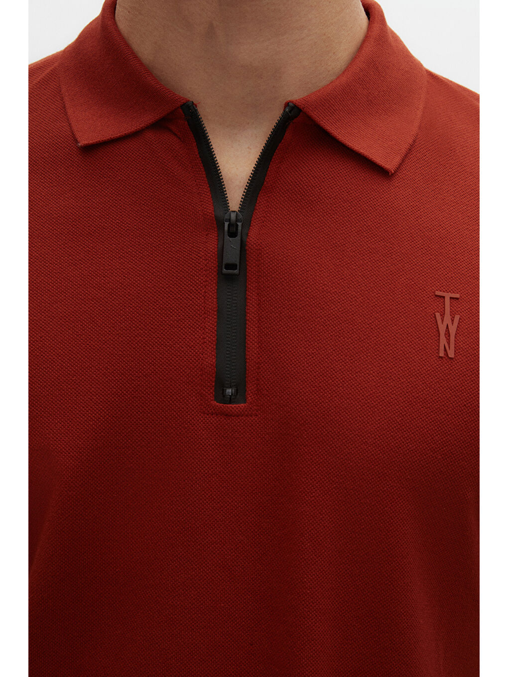 Kahverengi Twn Slim Fit Kiremit Pike Dokulu Yarım Fermuarlı Polo Yaka Yazlık T-Shirt-5