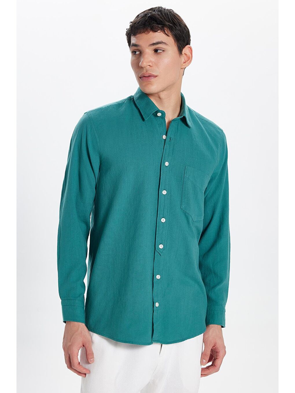 Erkek Regular Fit Klasik Kesim %100 Pamuk Keten Doku Tek Cepli Petrol Gömlek-1