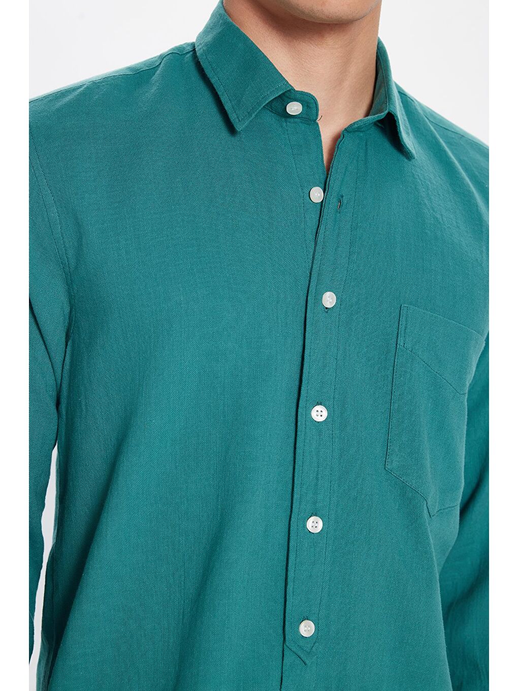 Erkek Regular Fit Klasik Kesim %100 Pamuk Keten Doku Tek Cepli Petrol Gömlek-2