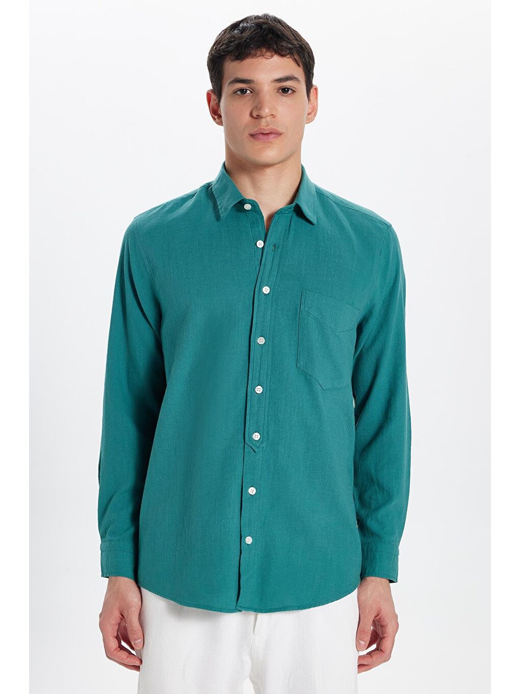 Erkek Regular Fit Klasik Kesim %100 Pamuk Keten Doku Tek Cepli Petrol Gömlek-3