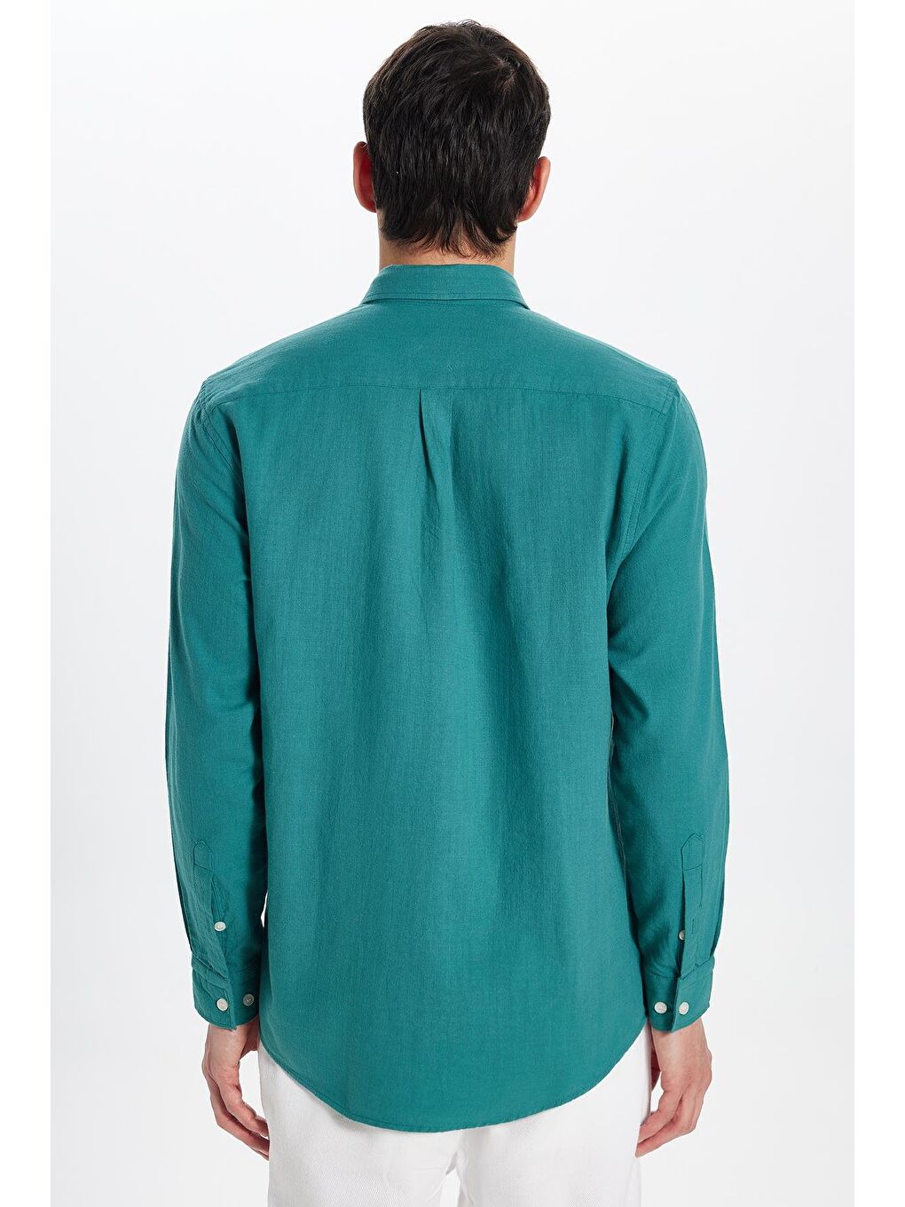Erkek Regular Fit Klasik Kesim %100 Pamuk Keten Doku Tek Cepli Petrol Gömlek-4