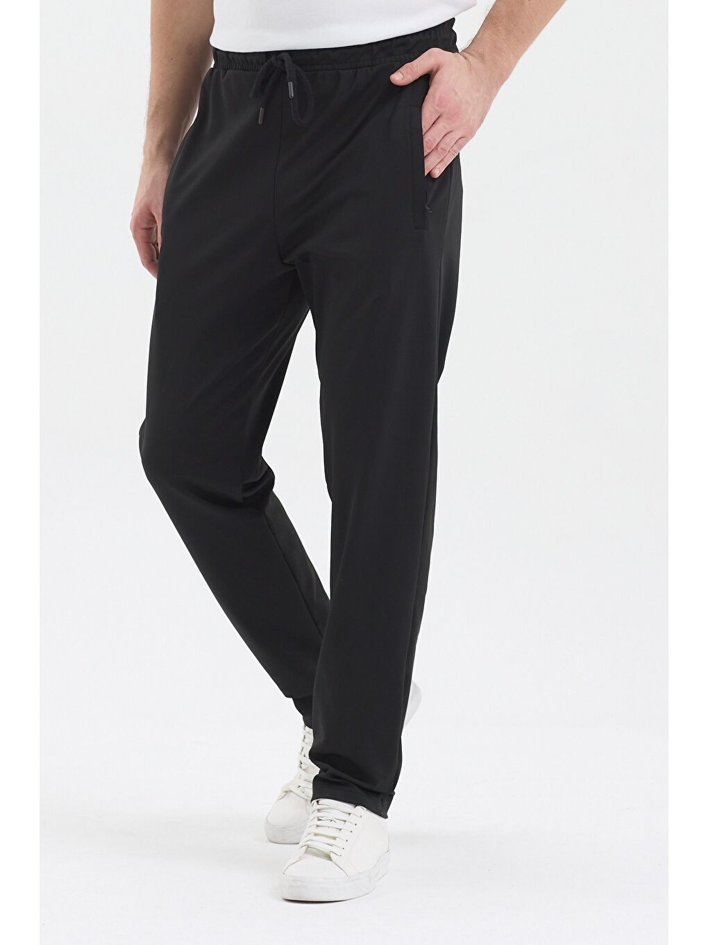 Erkek Siyah Fermuar Cepli Beli Lastikli Dalgıç Kumaş Düz Paça Rahat Pamuklu Eşofman Altı-1