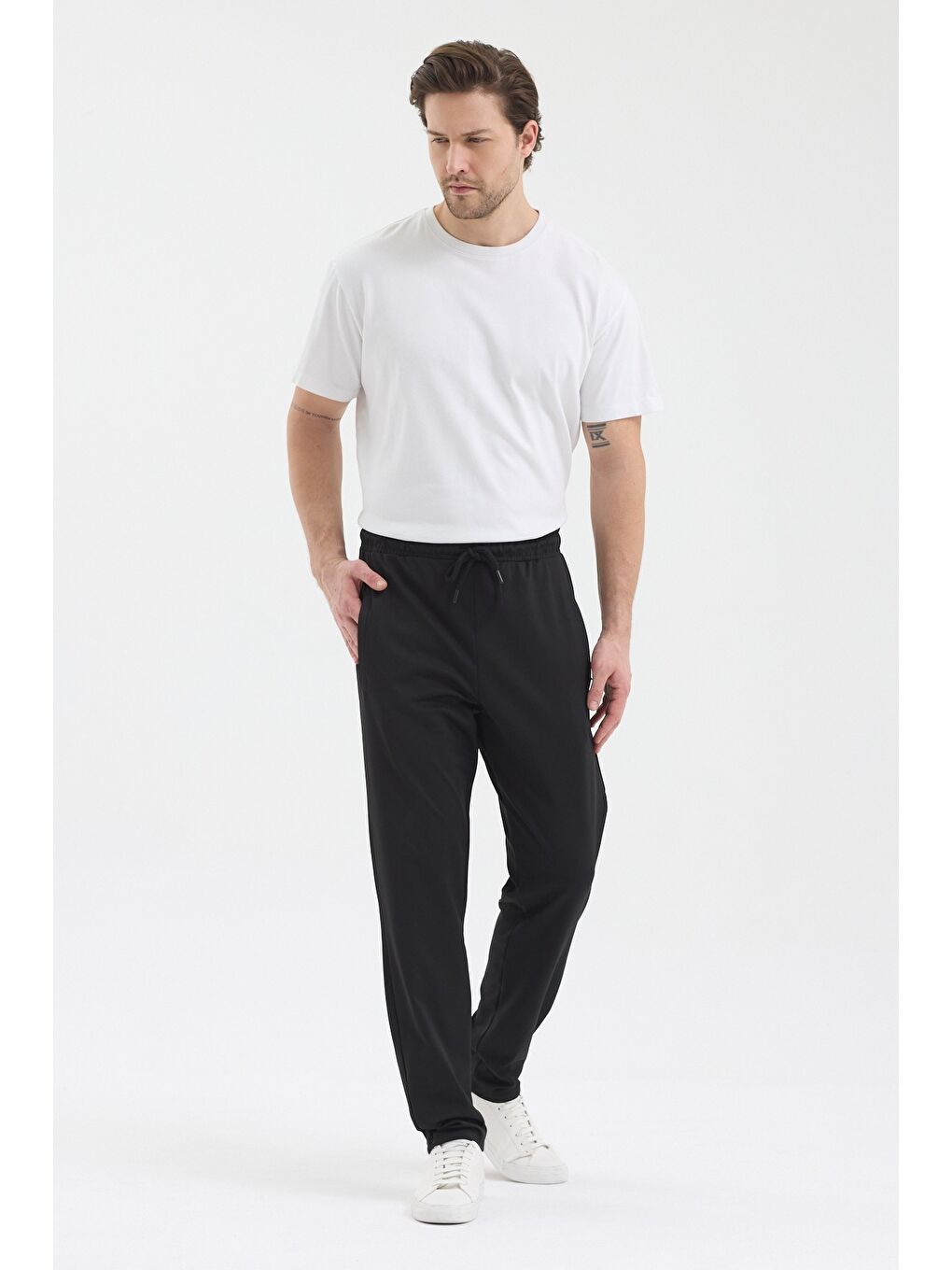 Erkek Siyah Fermuar Cepli Beli Lastikli Dalgıç Kumaş Düz Paça Rahat Pamuklu Eşofman Altı-2