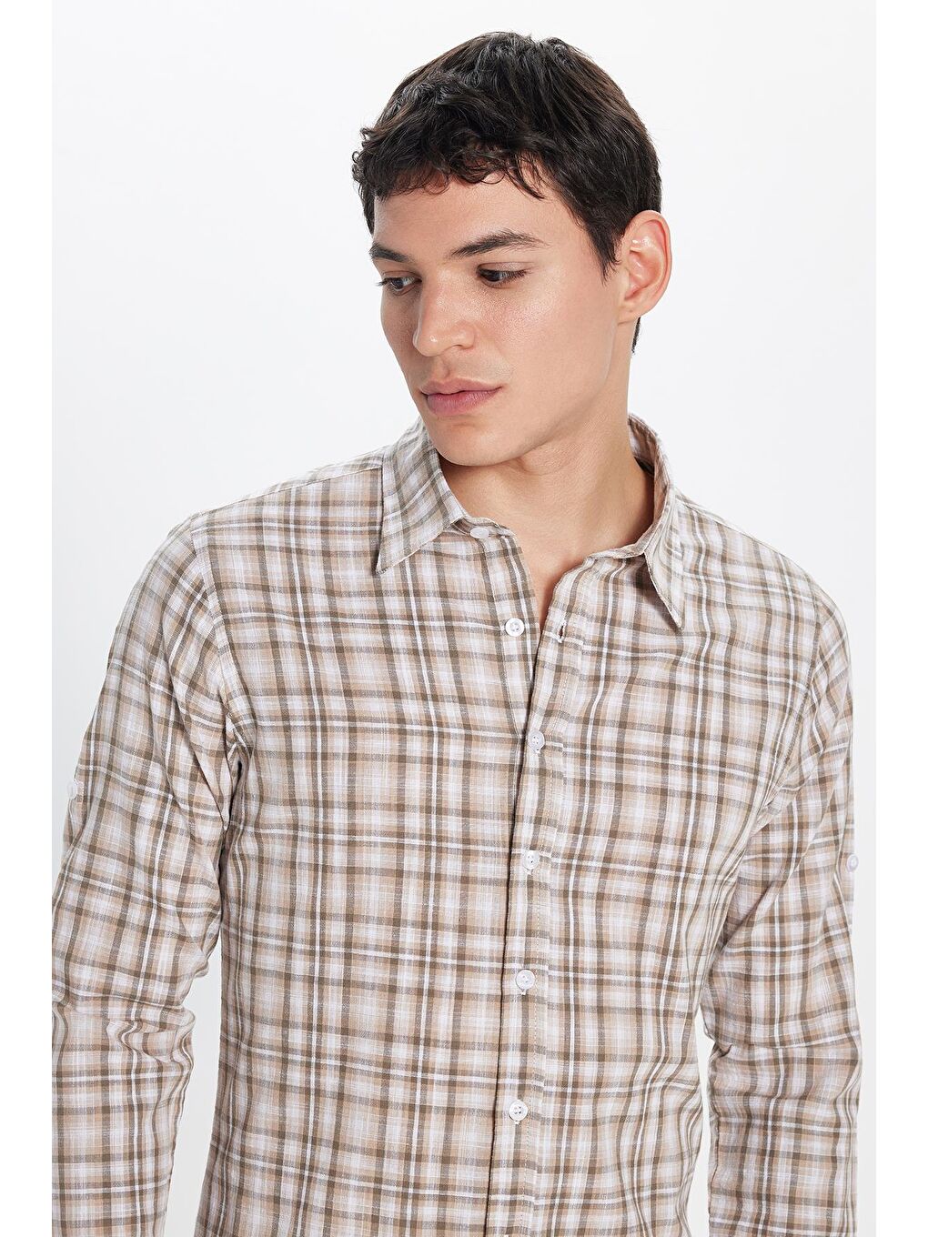 Karışık Erkek Slim Fit Dar Kesim %100 Pamuk Keten Doku Kareli Gömlek-1