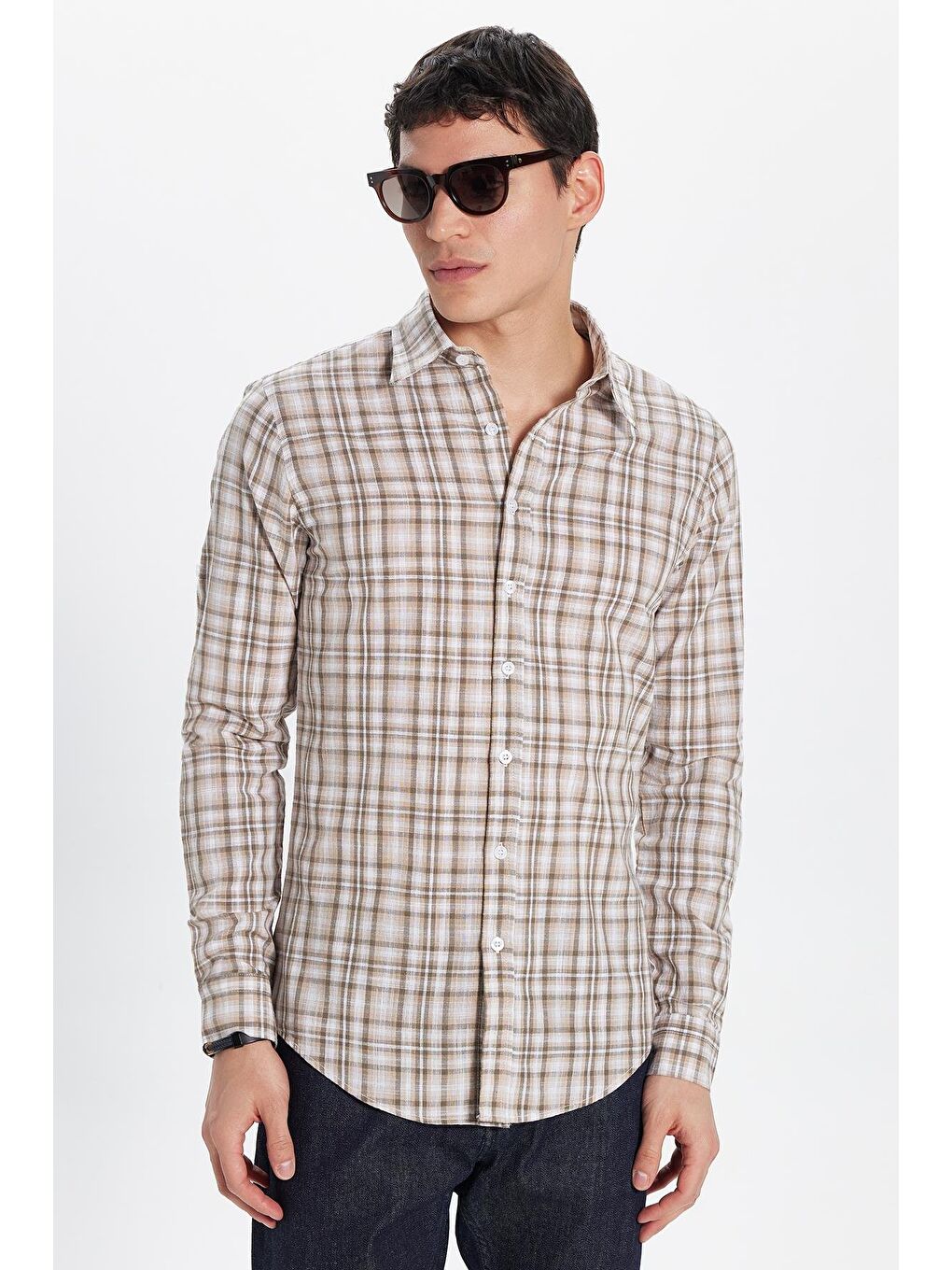 Karışık Erkek Slim Fit Dar Kesim %100 Pamuk Keten Doku Kareli Gömlek-2