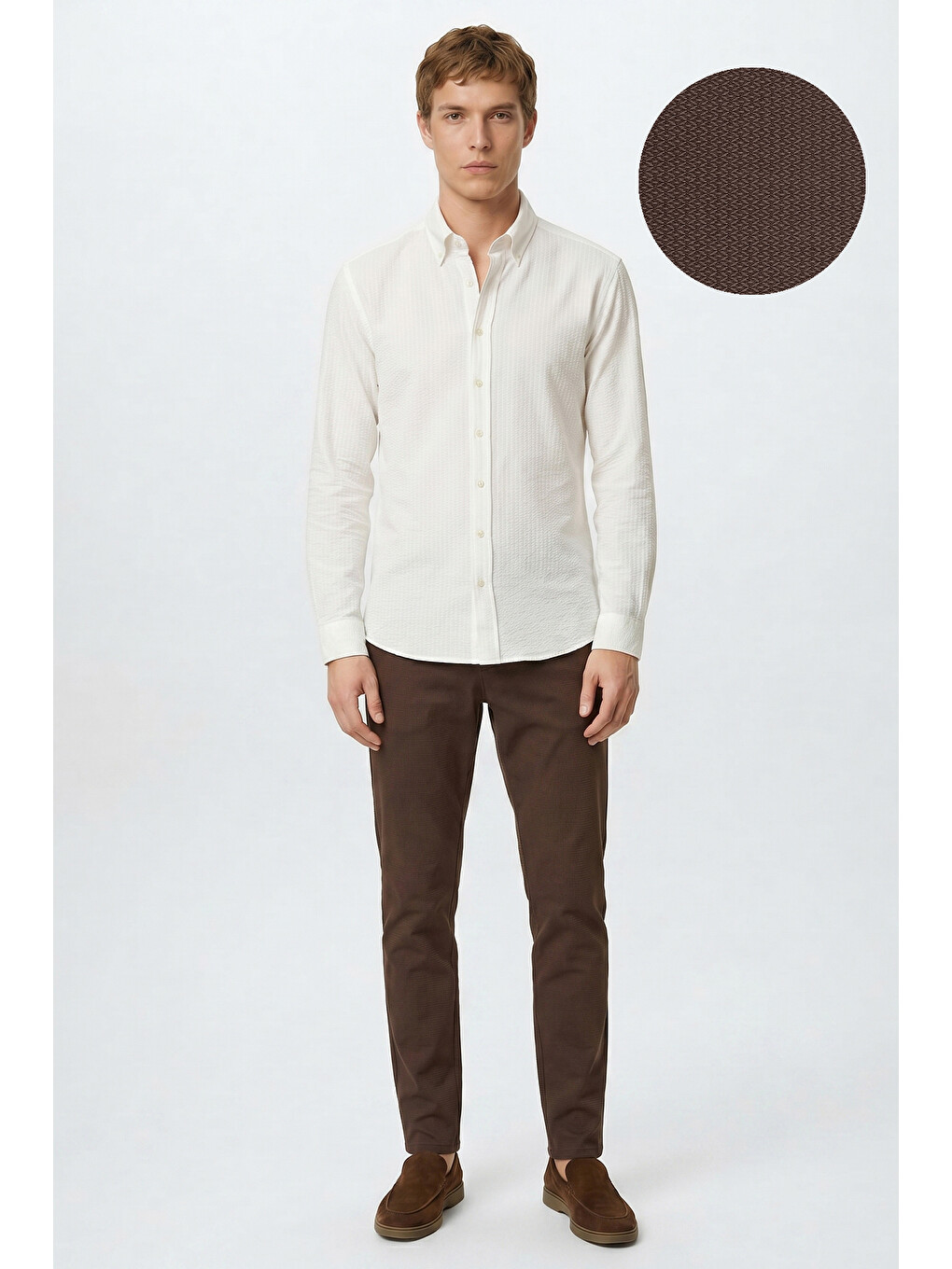Erkek Kahverengi Pamuklu Slim Fit Dar Kesim Armürlü 5 Cepli Esnek Pantolon