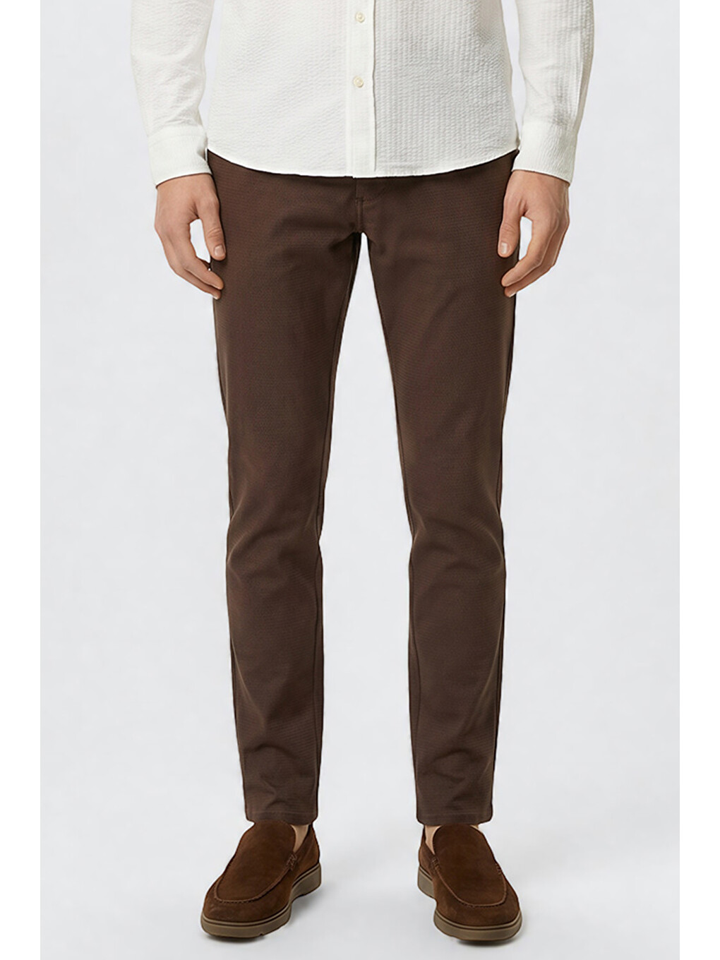 Erkek Kahverengi Pamuklu Slim Fit Dar Kesim Armürlü 5 Cepli Esnek Pantolon-1