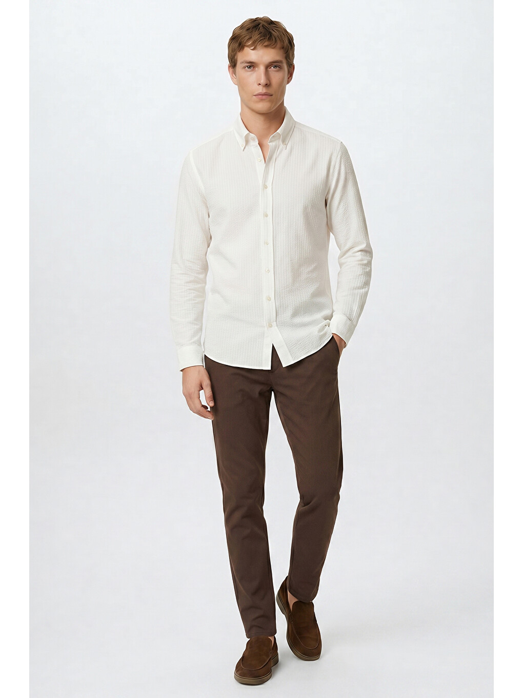 Erkek Kahverengi Pamuklu Slim Fit Dar Kesim Armürlü 5 Cepli Esnek Pantolon-2