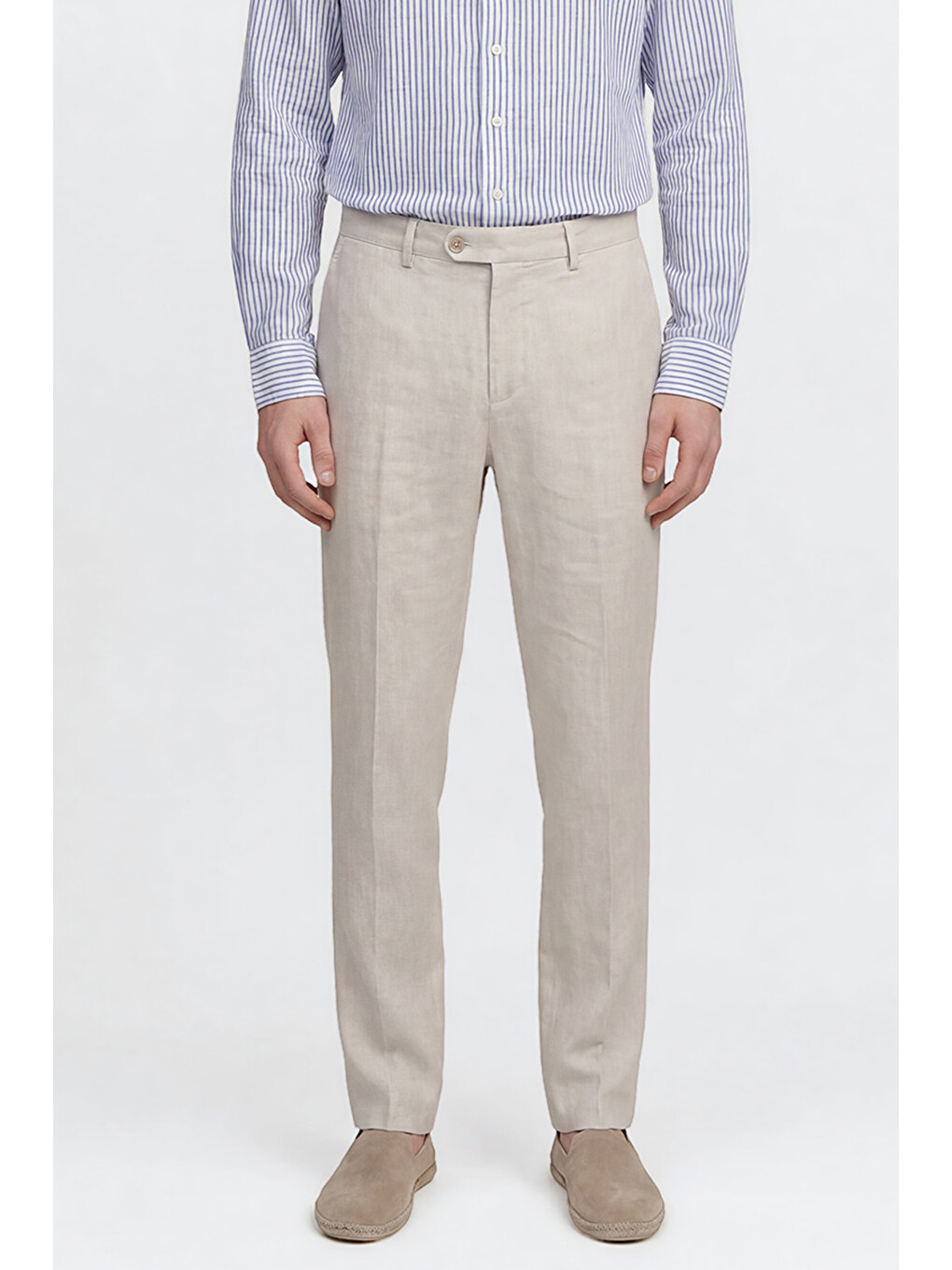 Erkek Bej Keten Slim Fit Dar Kesim Yan Cepli Esnek Pantolon-1