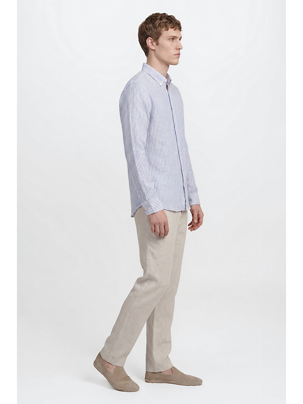 Erkek Bej Keten Slim Fit Dar Kesim Yan Cepli Esnek Pantolon-2