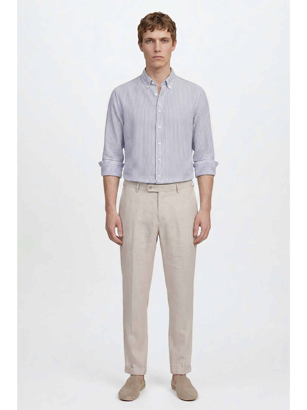 Erkek Bej Keten Slim Fit Dar Kesim Yan Cepli Esnek Pantolon-3