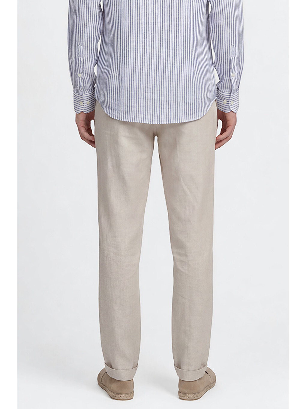 Erkek Bej Keten Slim Fit Dar Kesim Yan Cepli Esnek Pantolon-4