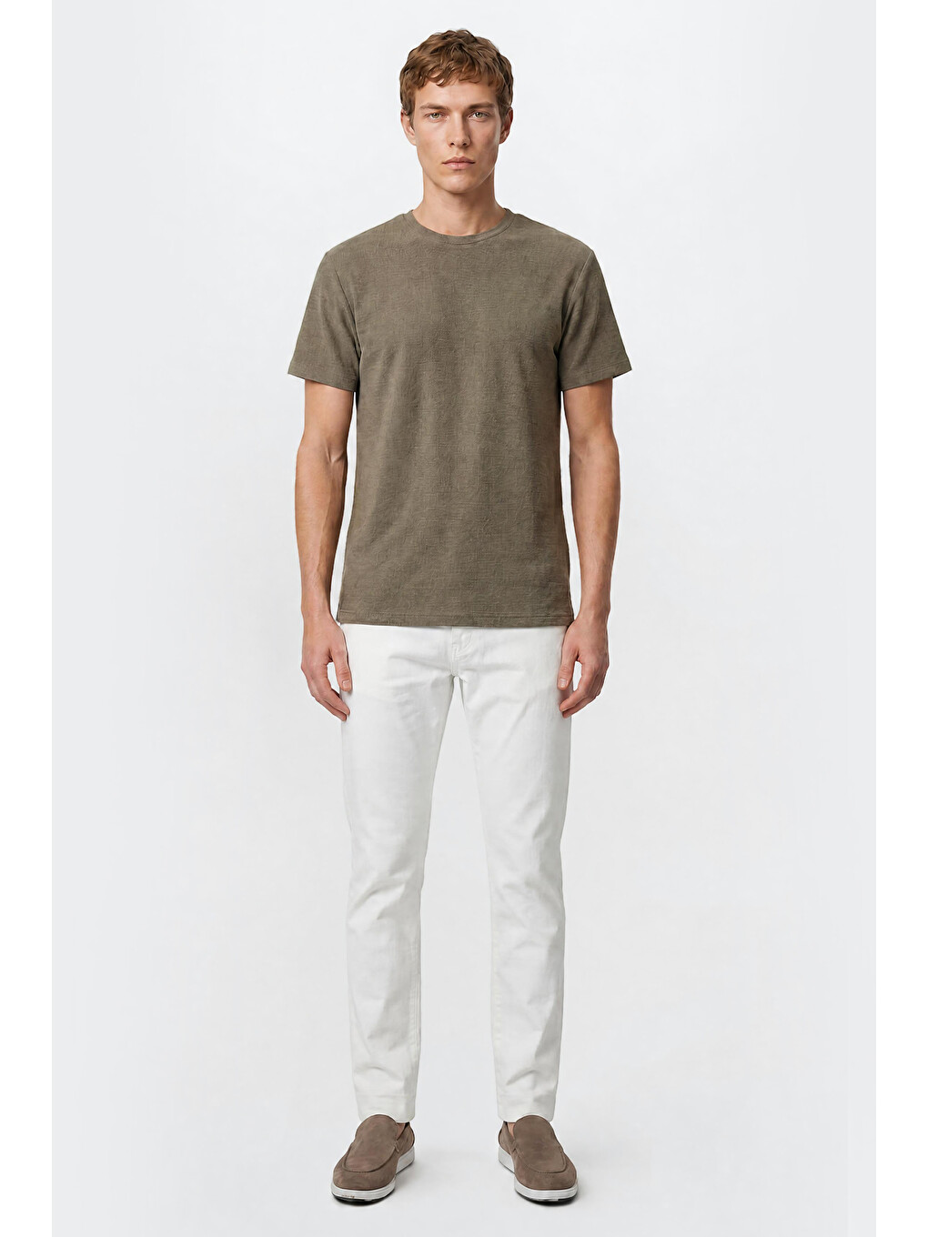Erkek Haki Pamuklu Slim Fit Bisiklet Yaka Jakarlı Esnek Tişört-1
