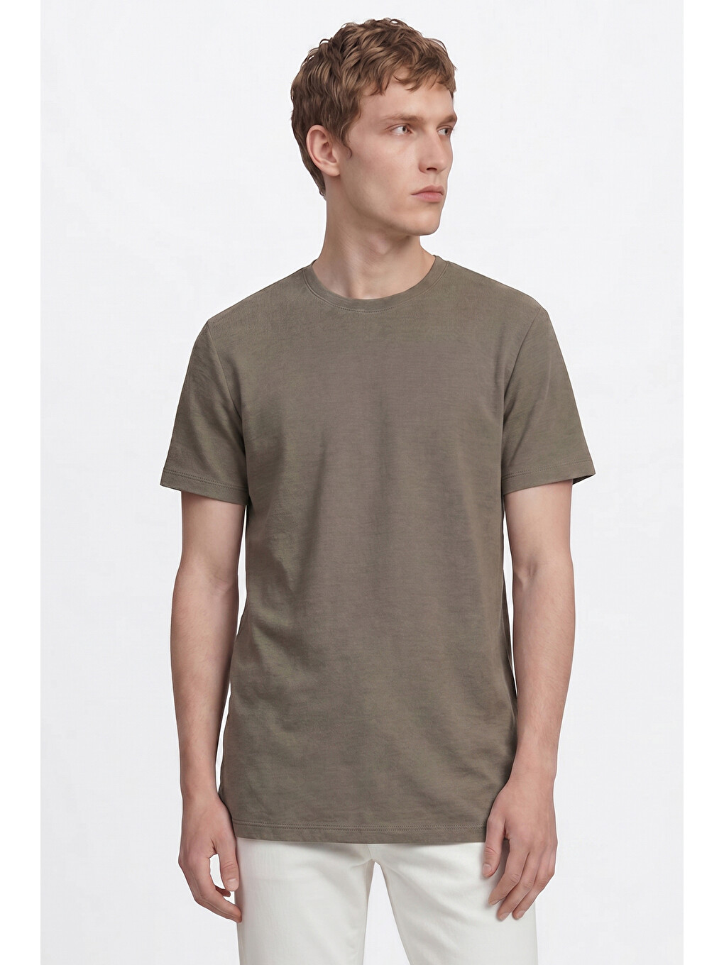 Erkek Haki Pamuklu Slim Fit Bisiklet Yaka Jakarlı Esnek Tişört-2