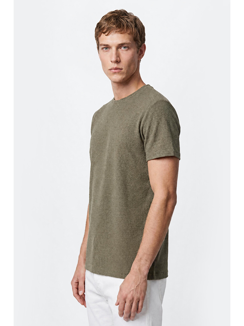 Erkek Haki Pamuklu Slim Fit Bisiklet Yaka Jakarlı Esnek Tişört-3
