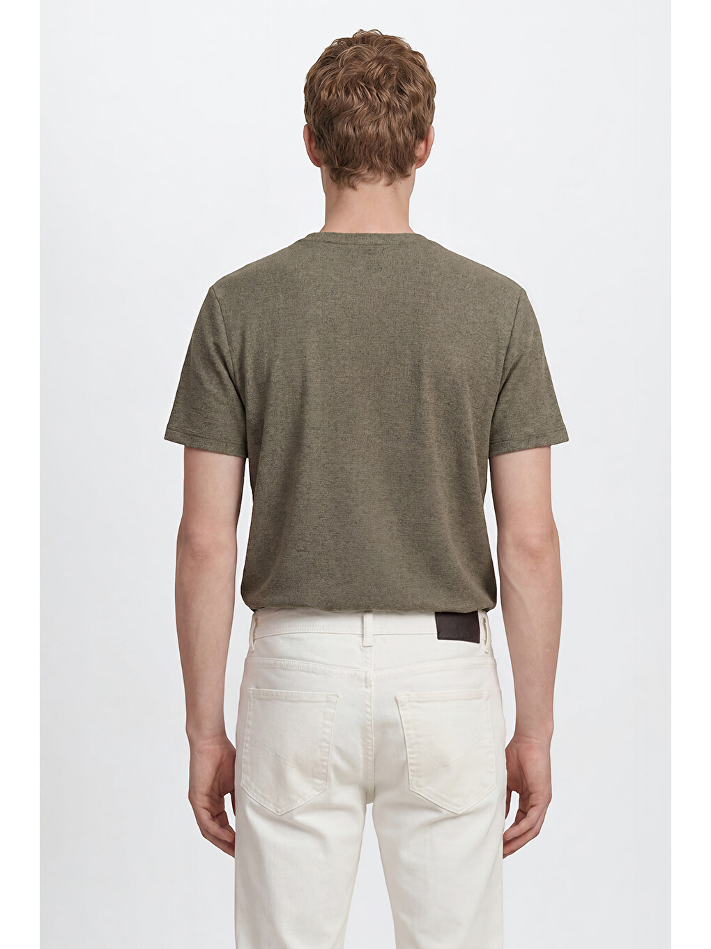 Erkek Haki Pamuklu Slim Fit Bisiklet Yaka Jakarlı Esnek Tişört-4