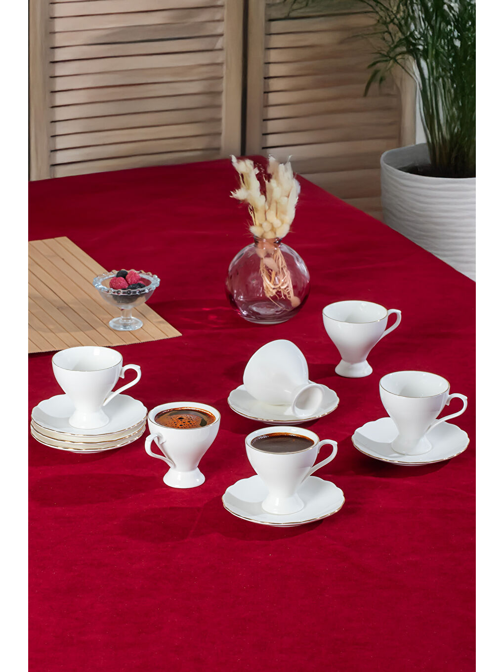 Sarı 4330 Emery 12 Parça 6 Kişilik Yaldızlı Porselen Türk Kahve Fincan Takımı