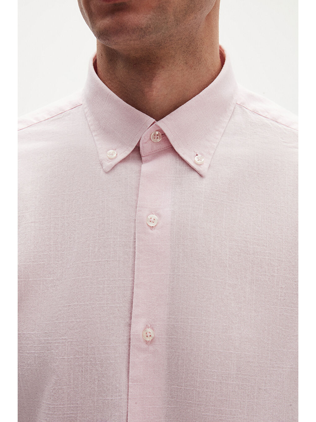Comfort Pembe Düğmeli Yaka Rahat Kesim Keten Görünümlü %100 Pamuk Gömlek-6