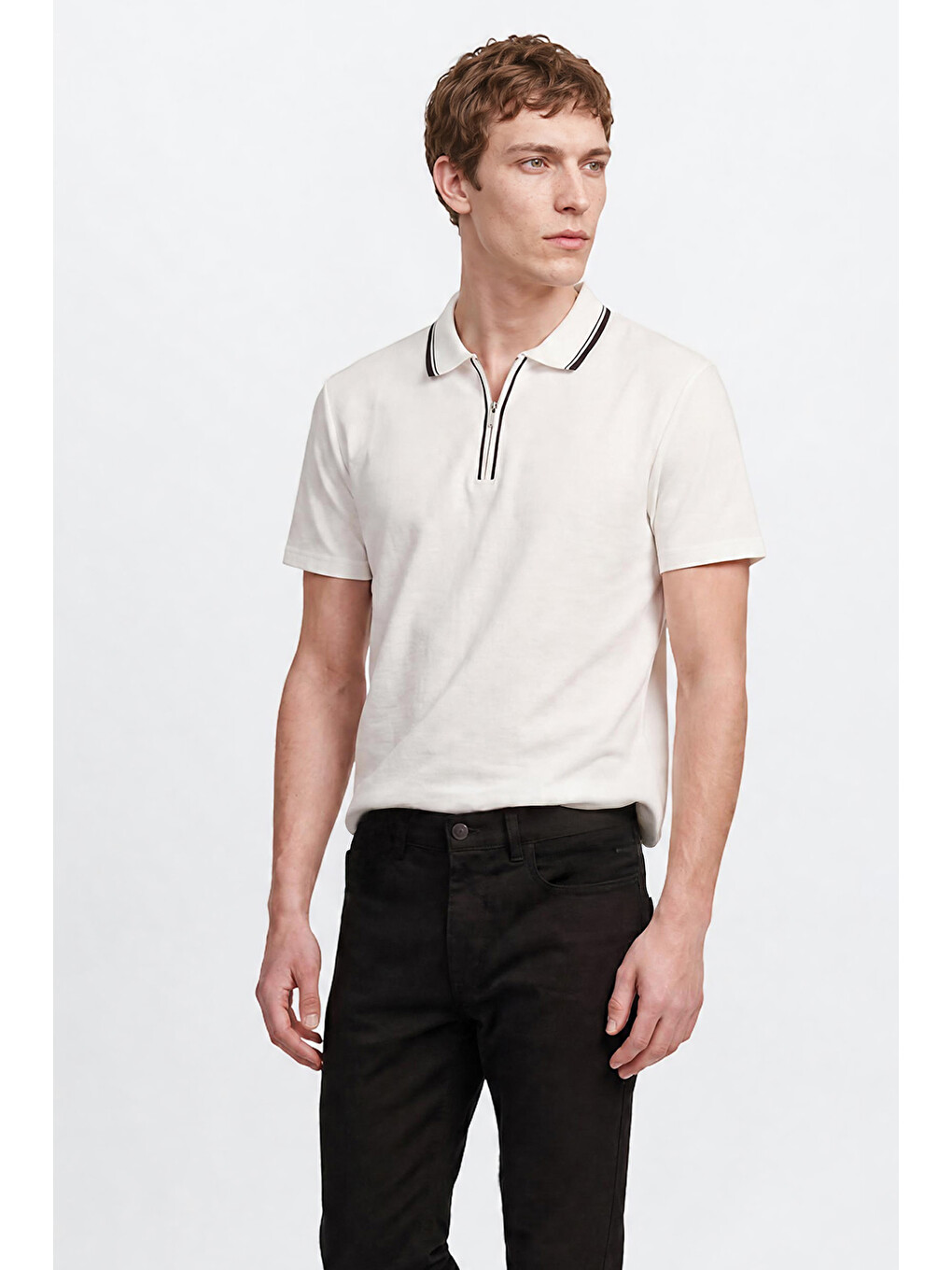Erkek Ekru Slim Fit Dar Kesim Polo Yaka Jakarlı Esnek Tişört