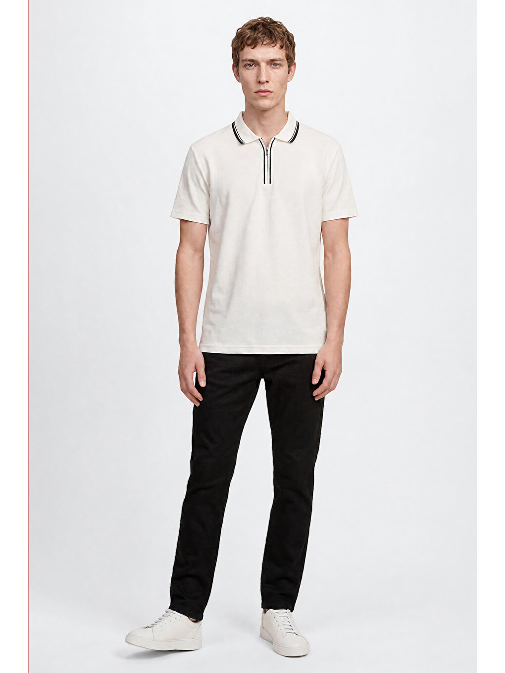 Erkek Ekru Slim Fit Dar Kesim Polo Yaka Jakarlı Esnek Tişört-1