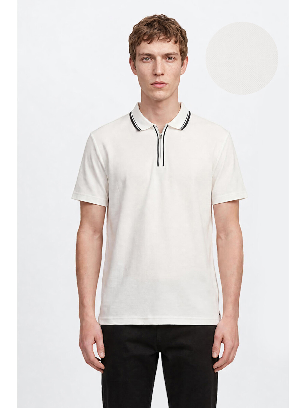 Erkek Ekru Slim Fit Dar Kesim Polo Yaka Jakarlı Esnek Tişört-2