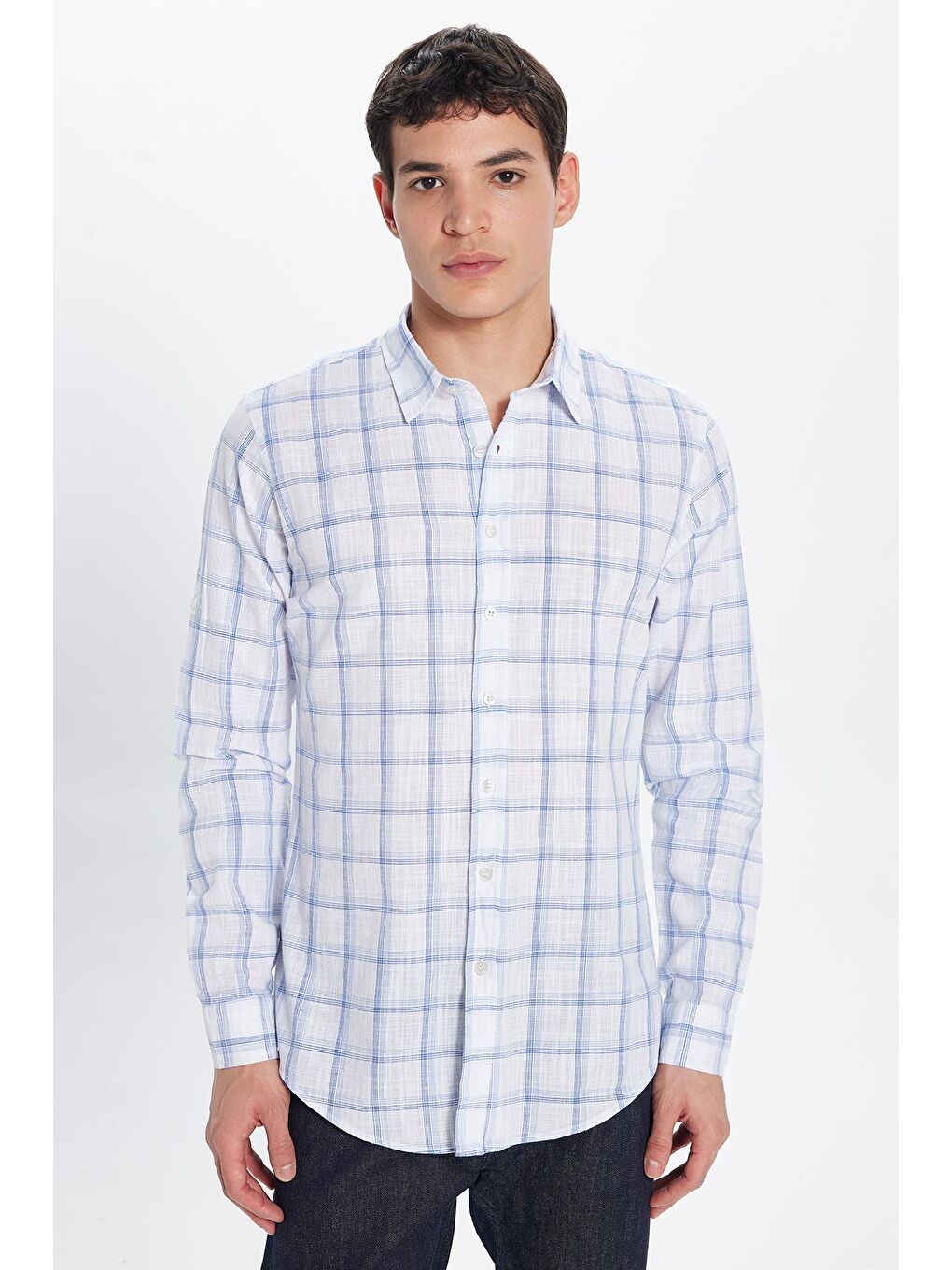 Karışık Erkek Slim Fit Dar Kesim %100 Pamuk Keten Doku Kareli Gömlek